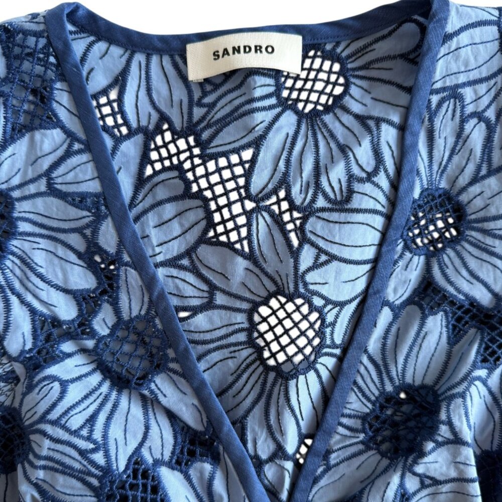Sandro Blue Print V Neck Mini Dress XS NWT - Picture 2 of 8